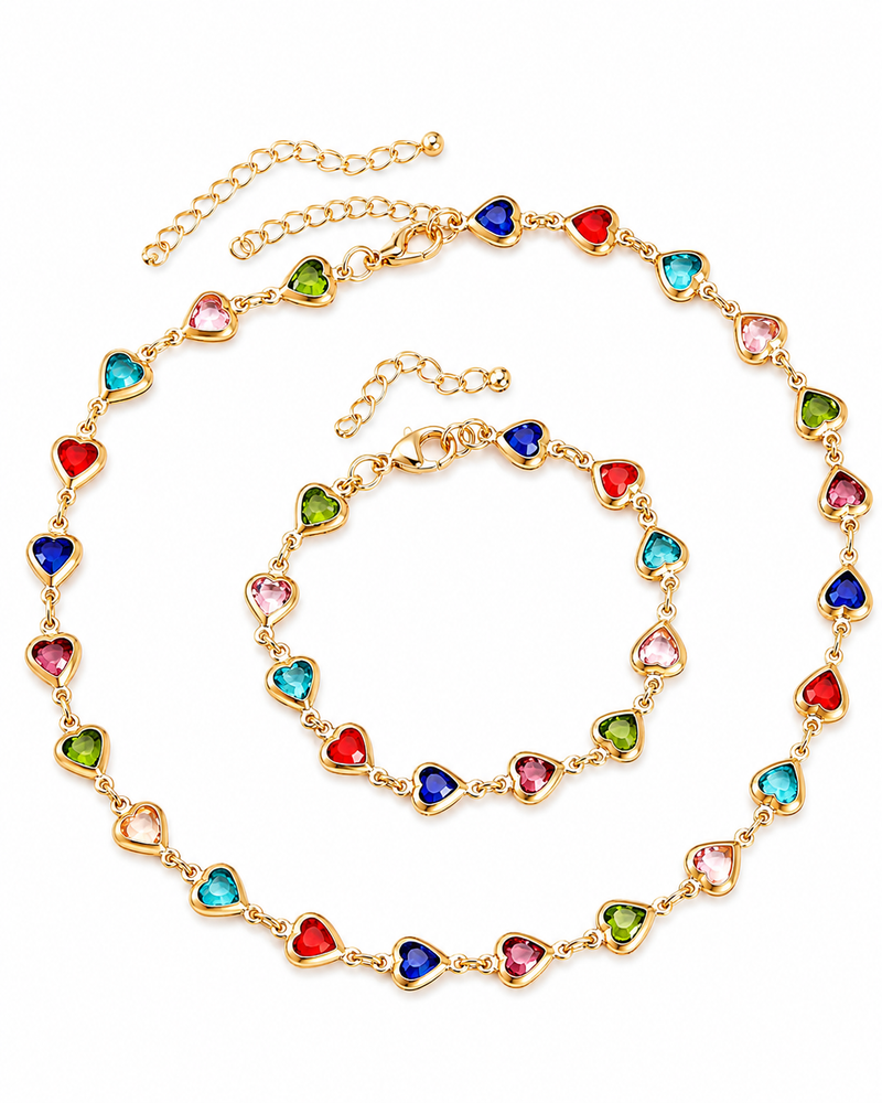 Collar y Pulsera de Cristal Multicolor en forma de Corazón.