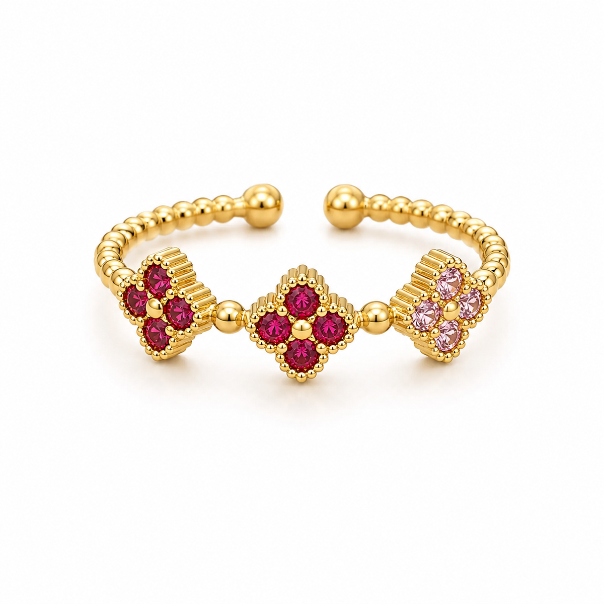 Anillo Ajustable Dorado Con Un Diseño Elegante De Flores Decoradas Con Piedras Brillantes