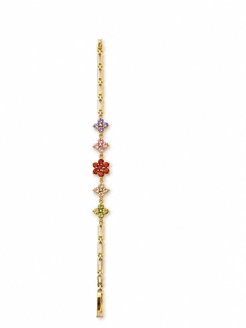 Pulsera de Lujo con Flores de Latón con Circonita Chapado en Oro.