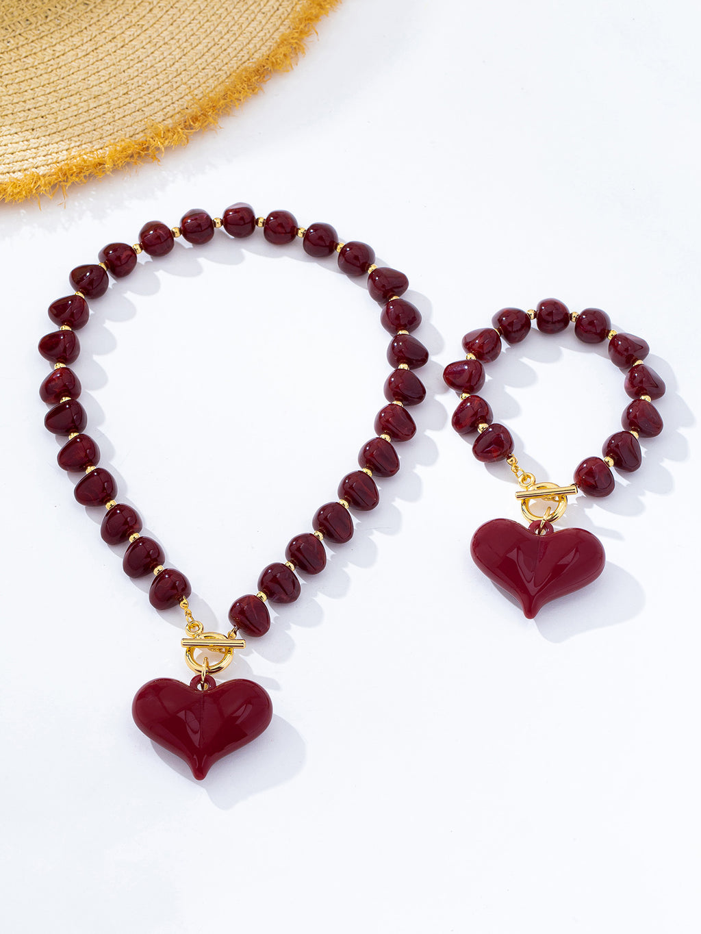 Collar/Pulsera De Corazones Burgundy ￼